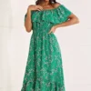 Mela Green Bardot Asymmetric Maxi Dress