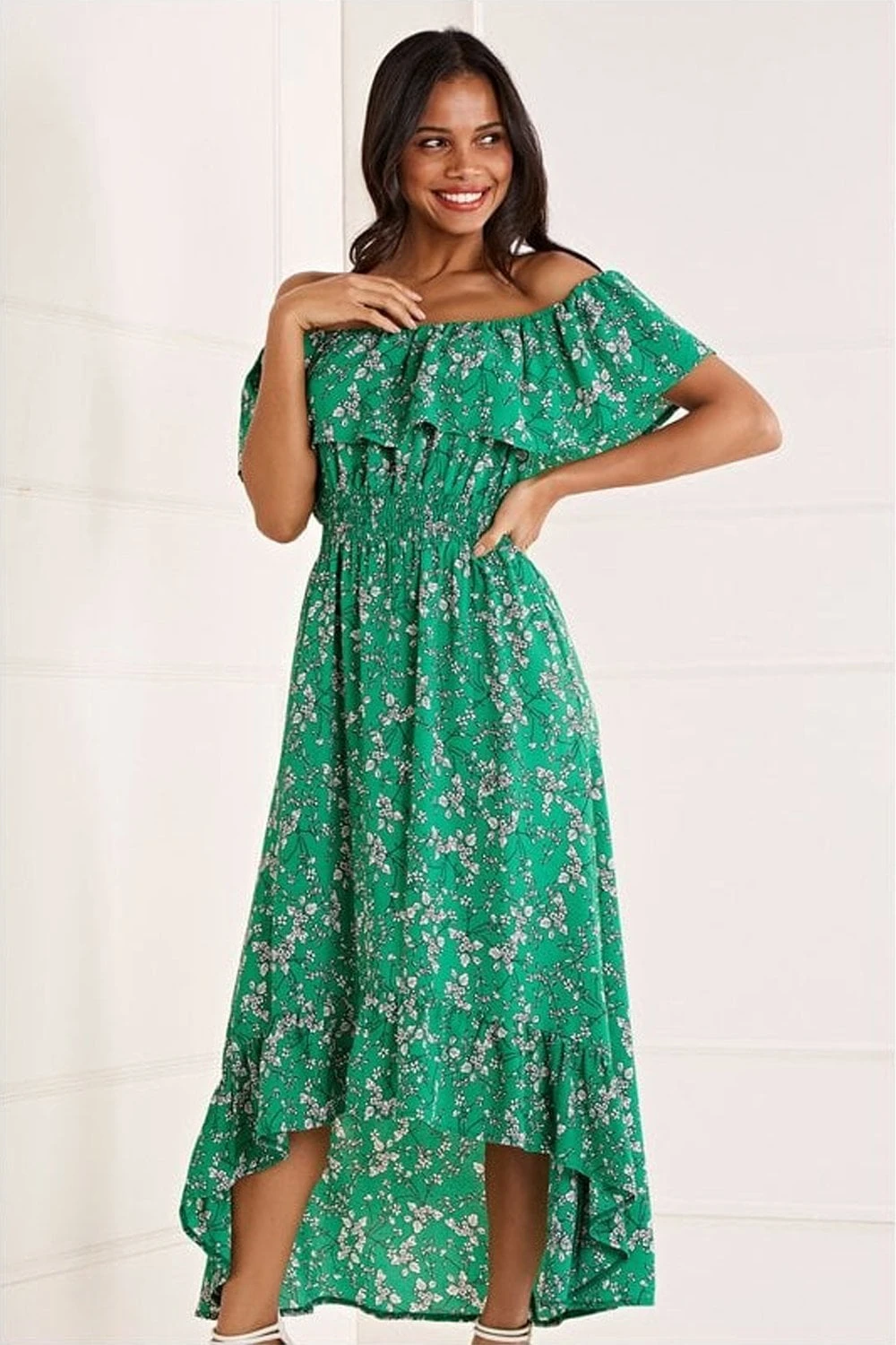Mela Green Bardot Asymmetric Maxi Dress 1 Mela Green Bardot Asymmetric Maxi Dress