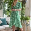 Mela Green Ditsy Daisy Wrap Effect Frill Dress