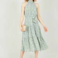 Mela Green Ditsy Floral Halter Neck Midi Dress