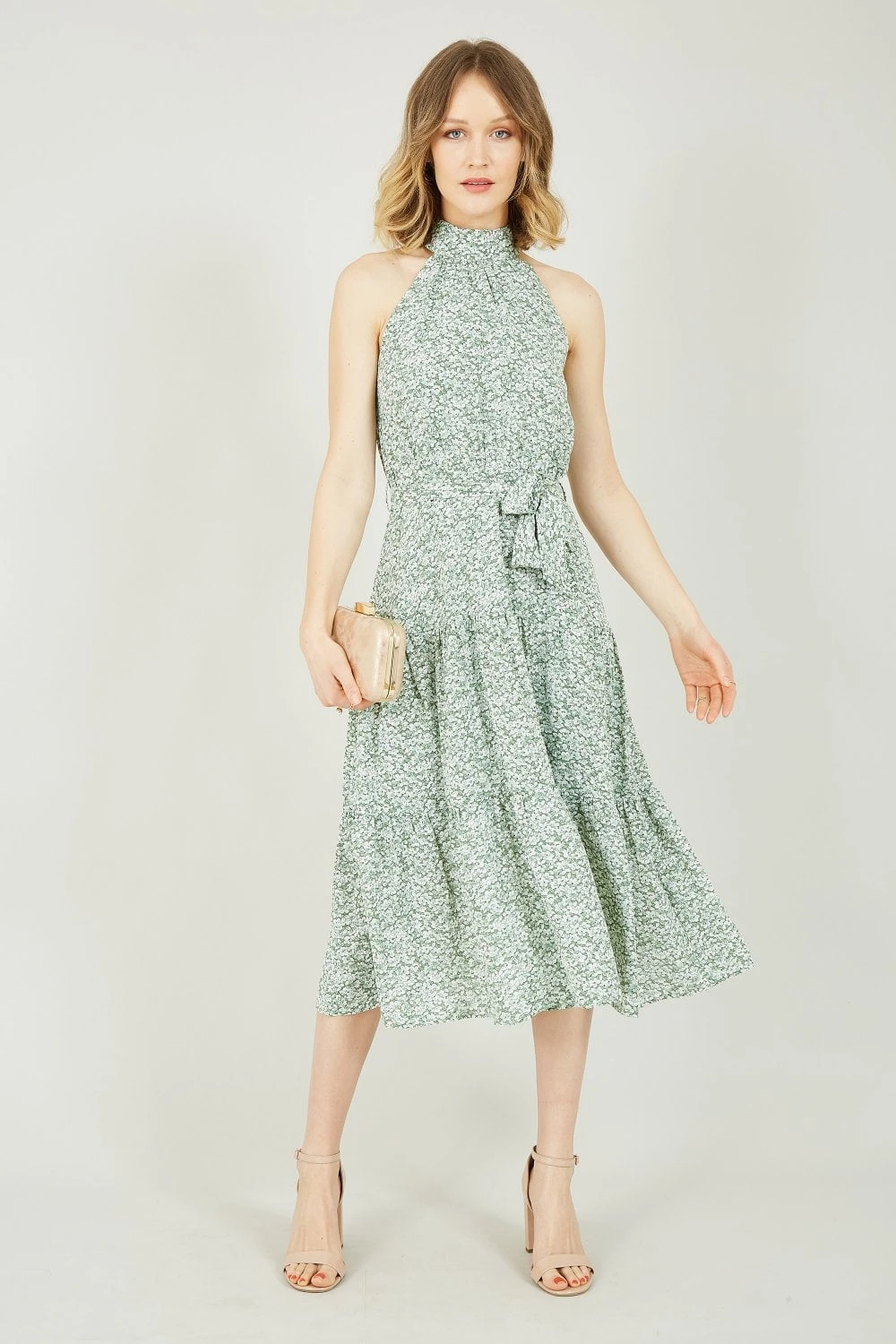 Mela Green Ditsy Floral Halter Neck Midi Dress