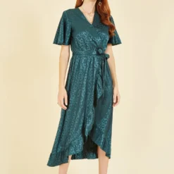 Mela Green Jacquard Leopard Print Wrap Midi Dress -Cheap My Dreamy Dress Store mela green jacquard leopard print wrap midi dress p15314 127738 image