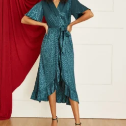 Mela Green Jacquard Leopard Print Wrap Midi Dress