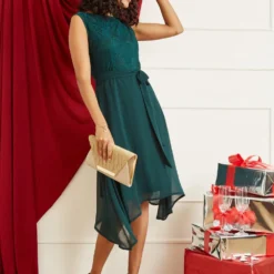 Mela Green Lace And Woven Dipped Hem Dress