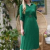 Mela Green Pleated Skirt Midi Dress With Gold Buckle