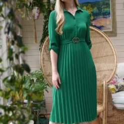 Mela Green Pleated Skirt Midi Dress With Gold Buckle