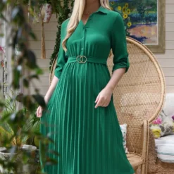 Mela Green Pleated Skirt Midi Dress With Gold Buckle -Cheap My Dreamy Dress Store mela green pleated skirt midi dress with gold buckle p14946 125415 image