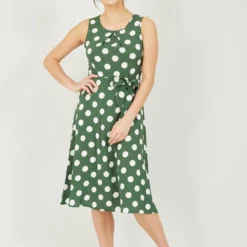 Mela Green Polka Dot Sleeveless Midi Dress
