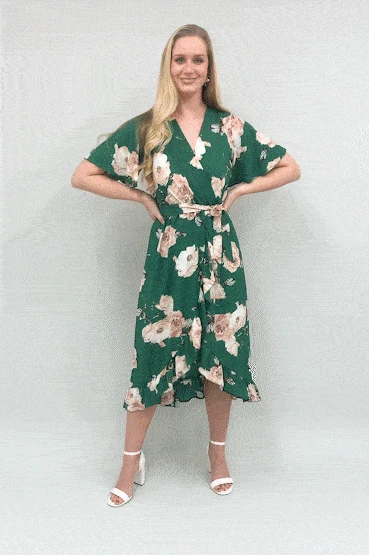 Mela Green Rose Printed Bubble Crepe Wrap Effect Dress 2 Mela Green Rose Printed Bubble Crepe Wrap Effect Dress - Image 2
