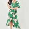 Mela Green Rose Printed Bubble Crepe Wrap Effect Dress
