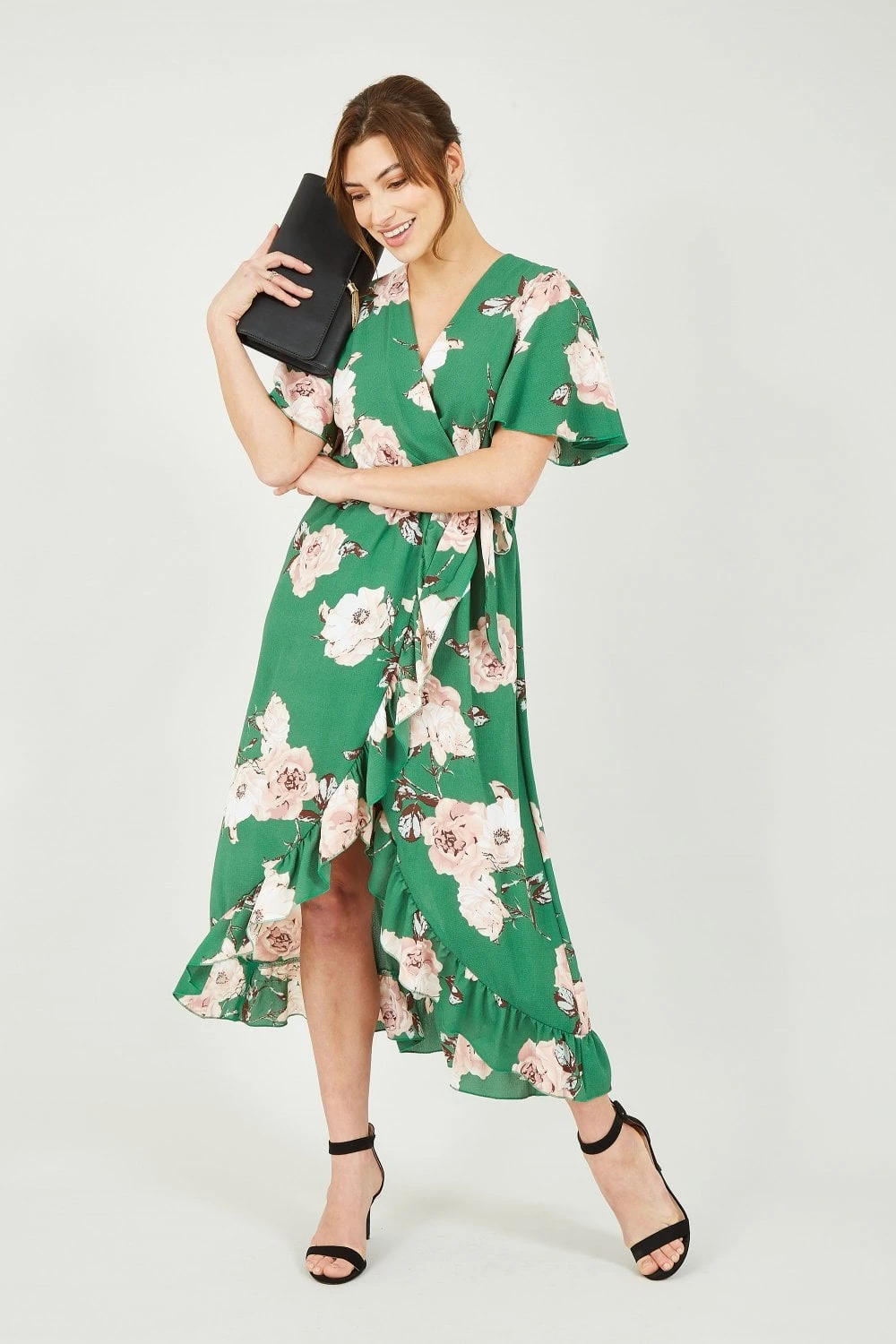 Mela Green Rose Printed Bubble Crepe Wrap Effect Dress 1 Mela Green Rose Printed Bubble Crepe Wrap Effect Dress