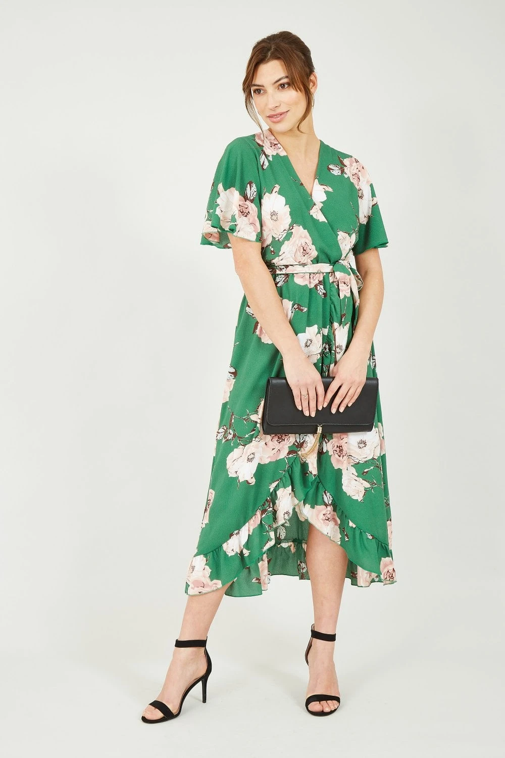 Mela Green Rose Printed Bubble Crepe Wrap Effect Dress 4 Mela Green Rose Printed Bubble Crepe Wrap Effect Dress - Image 4