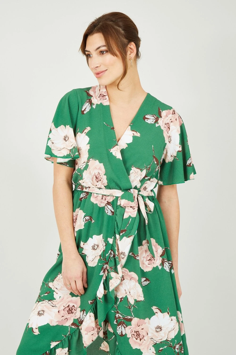 Mela Green Rose Printed Bubble Crepe Wrap Effect Dress 5 Mela Green Rose Printed Bubble Crepe Wrap Effect Dress - Image 5