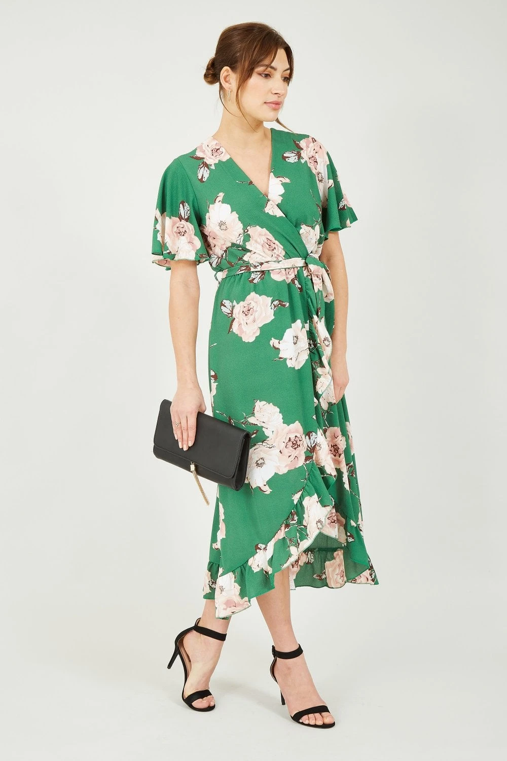 Mela Green Rose Printed Bubble Crepe Wrap Effect Dress 6 Mela Green Rose Printed Bubble Crepe Wrap Effect Dress - Image 6