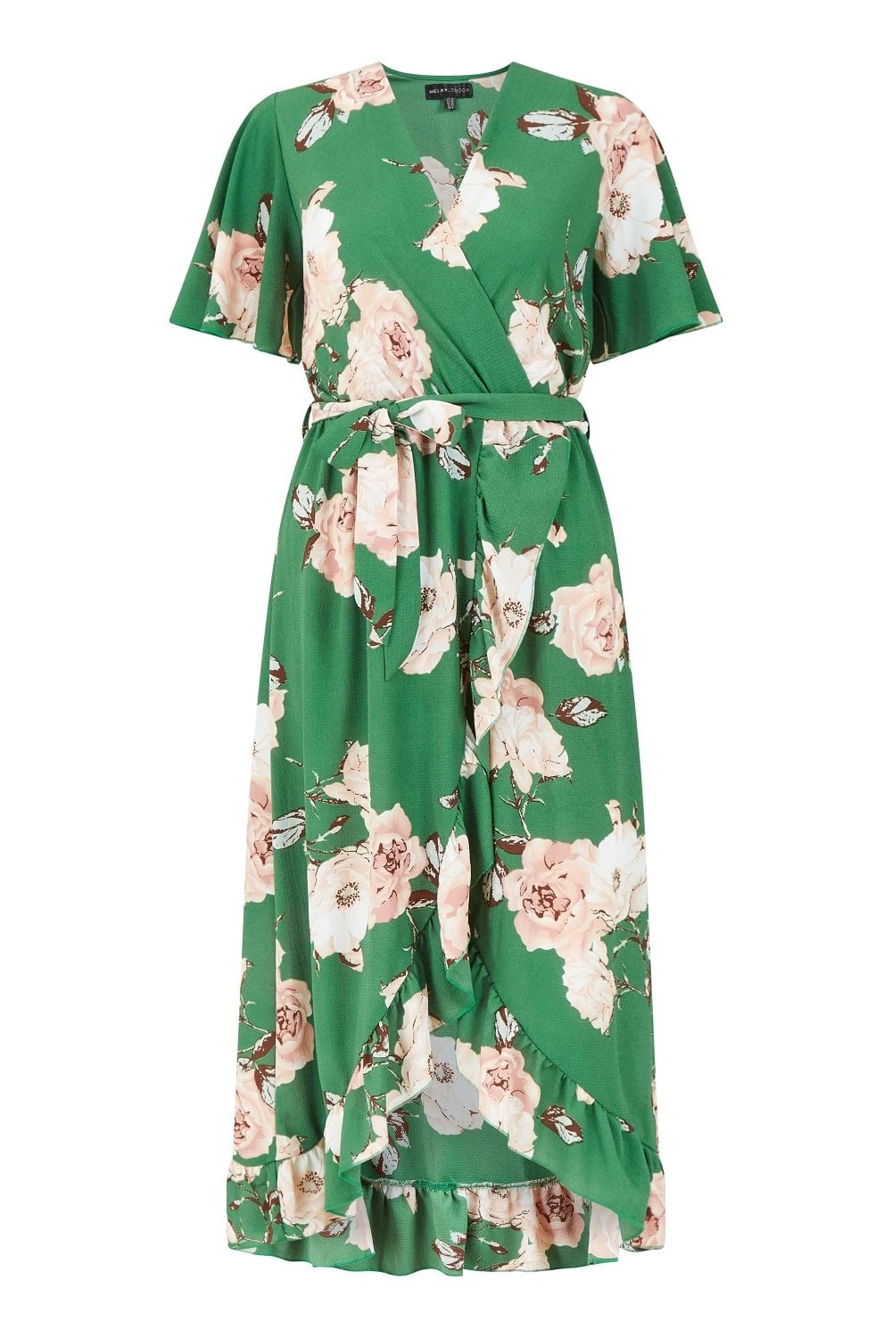 Mela Green Rose Printed Bubble Crepe Wrap Effect Dress 8 Mela Green Rose Printed Bubble Crepe Wrap Effect Dress - Image 8