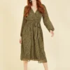 Yumi Mela Khaki Animal Print Long Sleeve Midi Dress