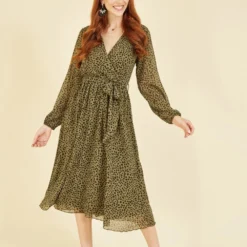Yumi Mela Khaki Animal Print Long Sleeve Midi Dress -Cheap My Dreamy Dress Store mela khaki animal print long sleeve midi dress p16272 131839 image
