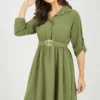 Mela Khaki Circle Ring Belted Shirt Dress