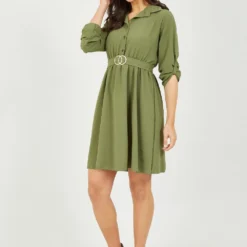 Mela Khaki Circle Ring Belted Shirt Dress -Cheap My Dreamy Dress Store mela khaki circle ring belted shirt dress p10403 111712 image