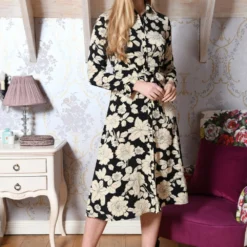 Mela Long Sleeve Pleated Monochrome Midi Dress With High Neck