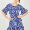 Mela Navy Dash Print Dress With Fluted Sleeve