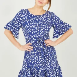 Mela Navy Dash Print Dress With Fluted Sleeve
