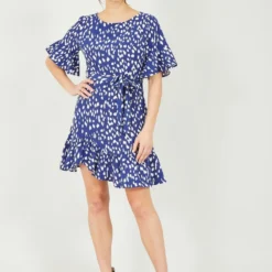 Mela Navy Dash Print Dress With Fluted Sleeve -Cheap My Dreamy Dress Store mela navy dash print dress with fluted sleeve p10245 111958 image