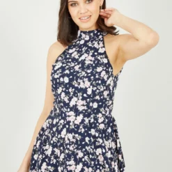 Mela Navy Floral Halter Neck High Low Dress -Cheap My Dreamy Dress Store mela navy floral halter neck high low dress p12193 112617 image
