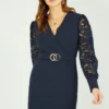 Mela Navy Lace Sleeve Dress With Gold Belt Detail