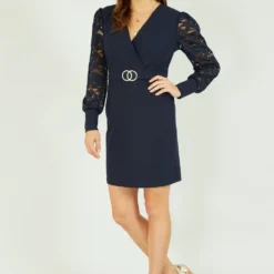 Mela Navy Lace Sleeve Dress With Gold Belt Detail -Cheap My Dreamy Dress Store mela navy lace sleeve dress with gold belt detail p14969 125627 image