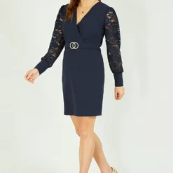 Mela Navy Lace Sleeve Dress With Gold Belt Detail -Cheap My Dreamy Dress Store mela navy lace sleeve dress with gold belt detail p14969 125629 image
