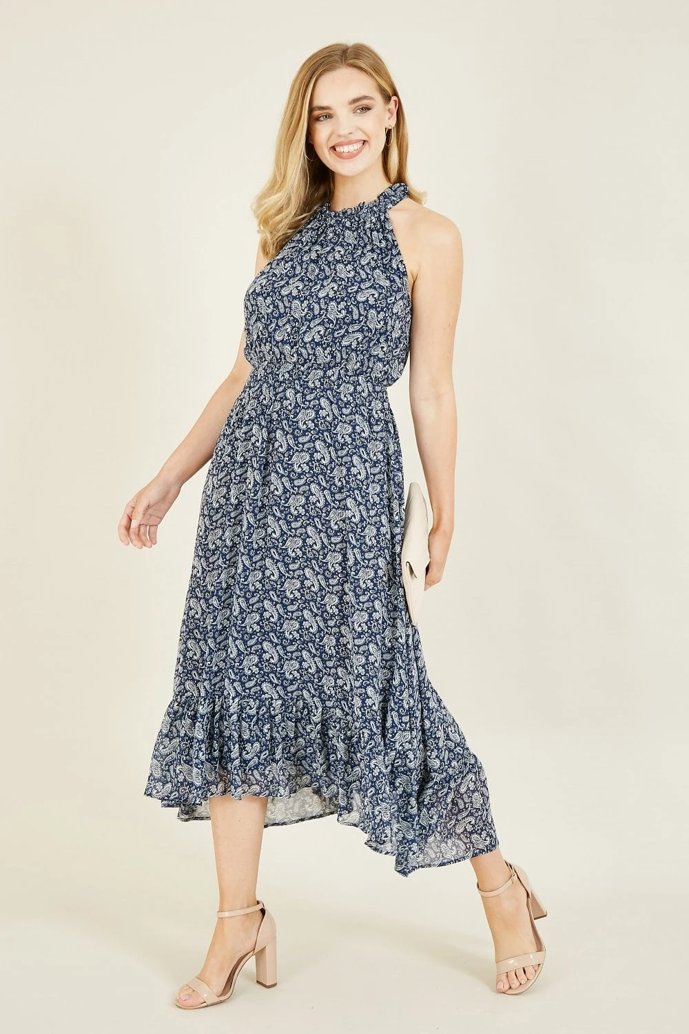 Mela Navy Paisley Midi Halter Dress 1 Mela Navy Paisley Midi Halter Dress
