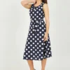 Mela Navy Polka Dot Sleeveless Midi Dress
