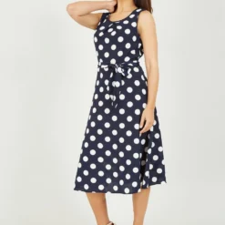 Mela Navy Polka Dot Sleeveless Midi Dress