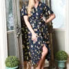 Mela Navy Rose Foil Print Wrap Midi Dress