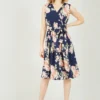 Mela Navy Rose Printed Wrap Over Sleeveless Skater Dress