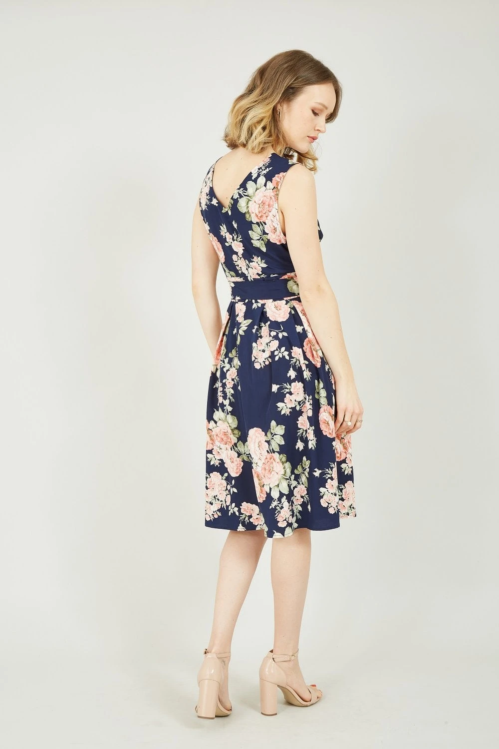 Mela Navy Rose Printed Wrap Over Sleeveless Skater Dress 4 Mela Navy Rose Printed Wrap Over Sleeveless Skater Dress - Image 4