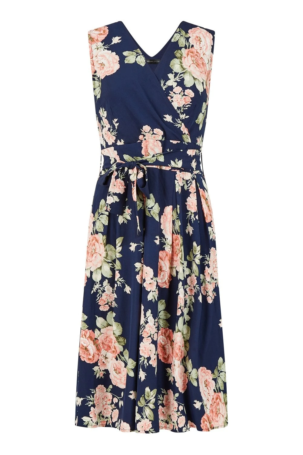 Mela Navy Rose Printed Wrap Over Sleeveless Skater Dress 5 Mela Navy Rose Printed Wrap Over Sleeveless Skater Dress - Image 5