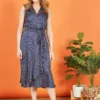 Mela Navy Spot Satin Wrap Effect Midi Dress