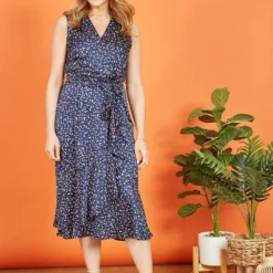Mela Navy Spot Satin Wrap Effect Midi Dress