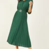 Mela Pleated Midi Green Shirt Dress