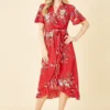 Mela Red Floral Dip Hem Wrap Midi Dress