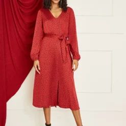 Mela Red Satin Dash Print Midi Dress