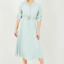 Mela Sage Green Pleated Skirt Midi Dress With Gold Buckle