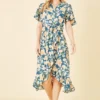 Mela Teal Floral Print Wrap Midi Dress