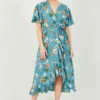 Mela Teal Wrap Front Rose Print Frill Dress