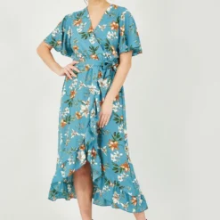Mela Teal Wrap Front Rose Print Frill Dress -Cheap My Dreamy Dress Store mela teal wrap front rose print frill dress p10398 111901 image