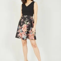 Mela Two Tone V Neck Floral Skater Dress