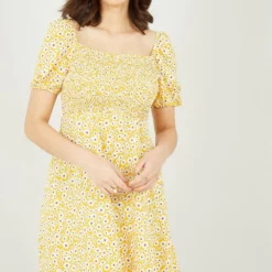Mela Yellow Ditsy Daisy Shirred Skater Dress