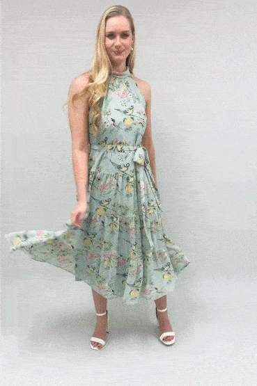 Yumi Mint Green Bird Floral Print Halter Dress 2 Yumi Mint Green Bird Floral Print Halter Dress - Image 2